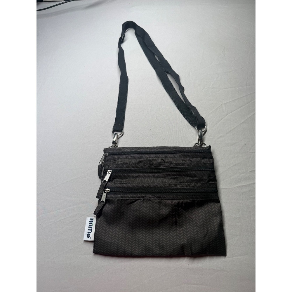 RuMe Crossbody Bag Triple Zip Travel Organizer Herringbone Gray Black Polyester